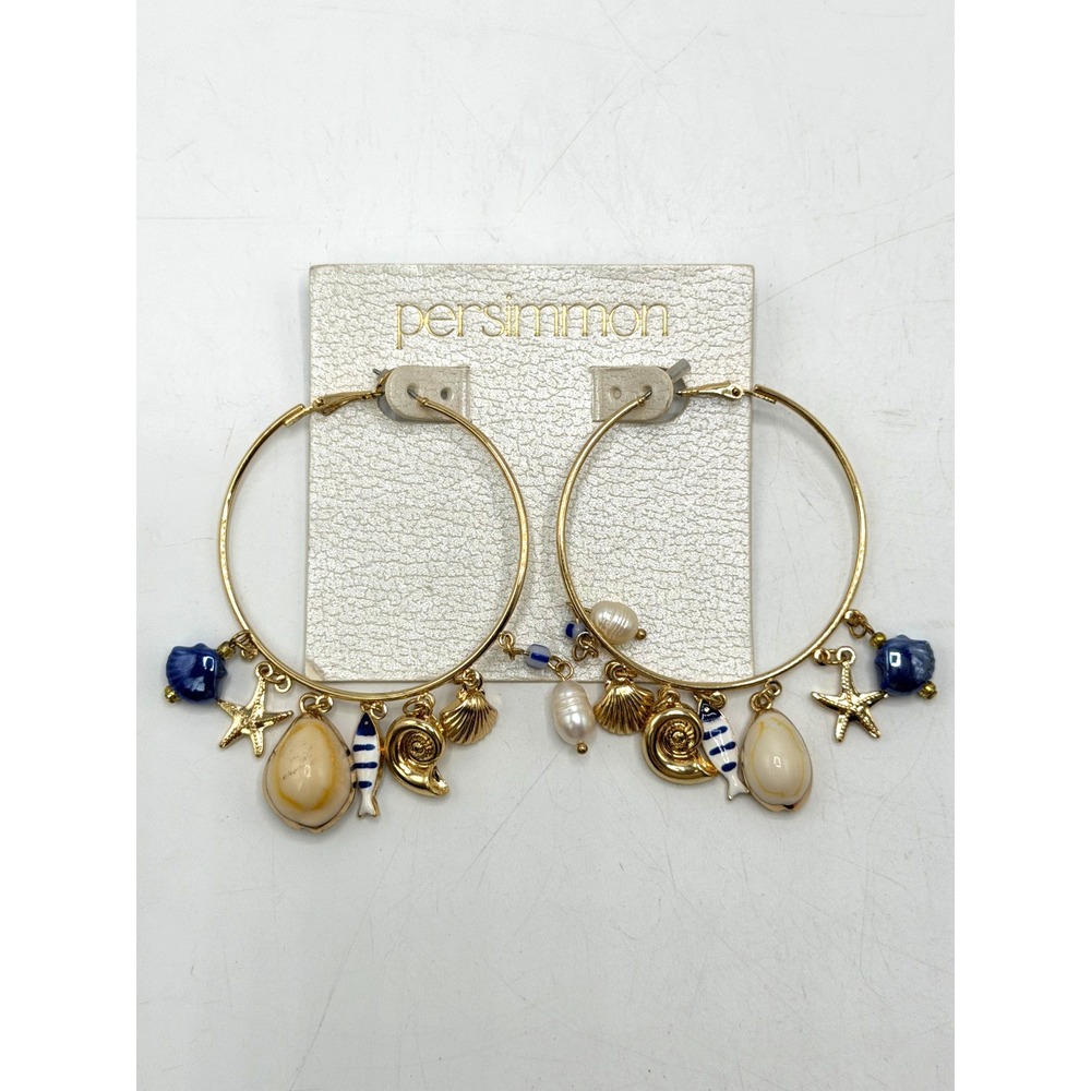 Persimmon Gold Tone Hoop Earrings Coastal Beach Charms Shell Fish Starfish NEW